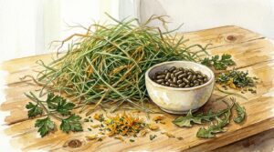牧草の山とペレットが木のテーブルに並んだデグーの食事風景