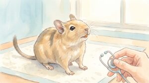 聴診器を持つ手の前でおすわりするデグー