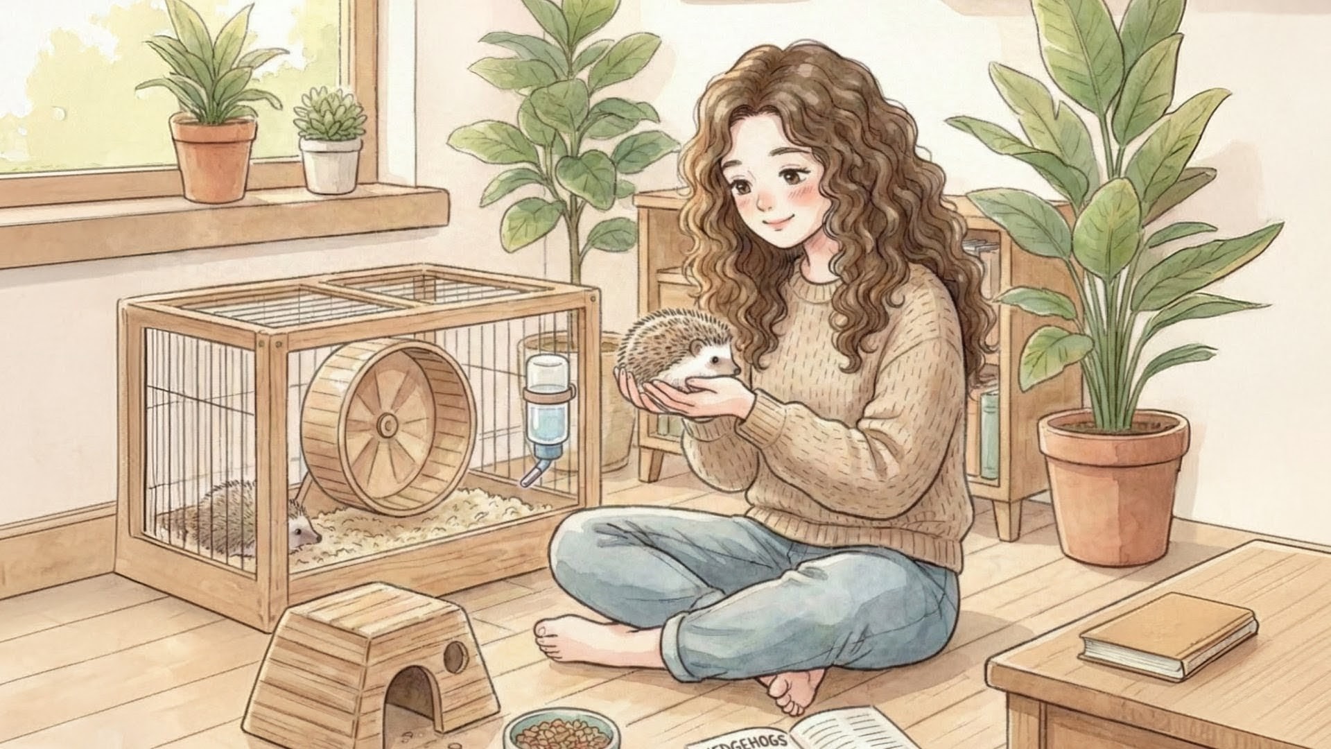 ハリネズミを手に乗せて微笑むまりえ店長とケージのある部屋