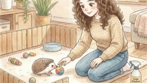 部屋んぽ中のハリネズミを見守るまりえ店長とお掃除グッズ
