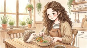 まりえ店長がハリネズミにサラダボウルを見せているキッチンの様子