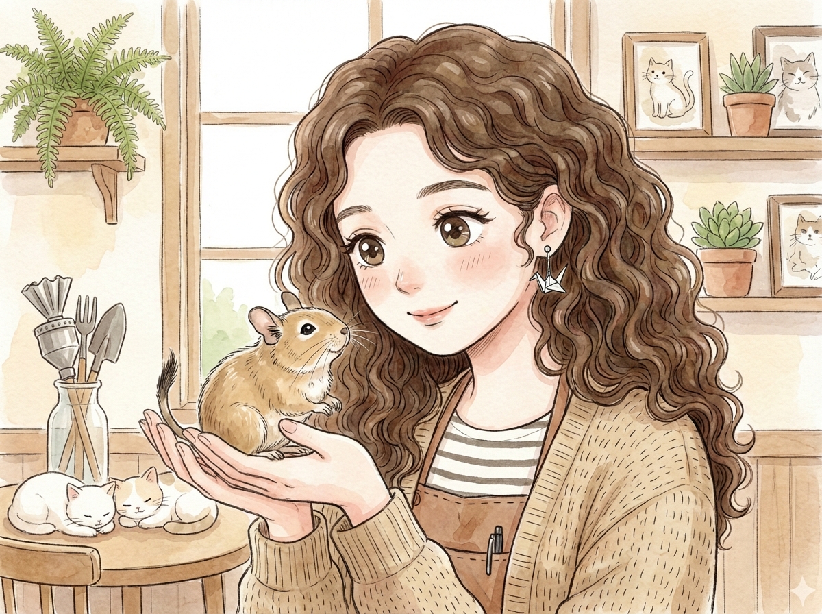 デグーを手のひらに乗せるまりえ店長