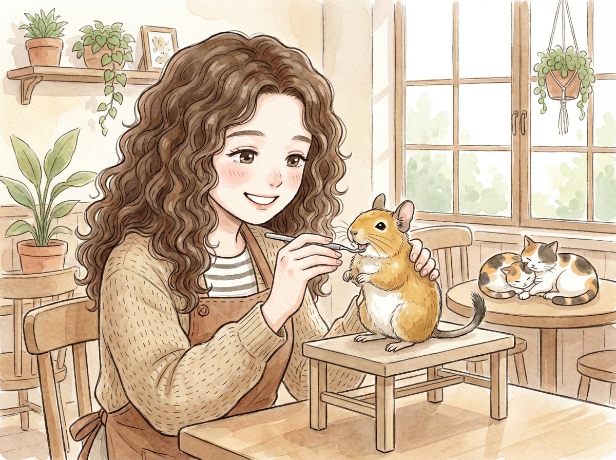 デグーの健康をチェックするまりえ店長