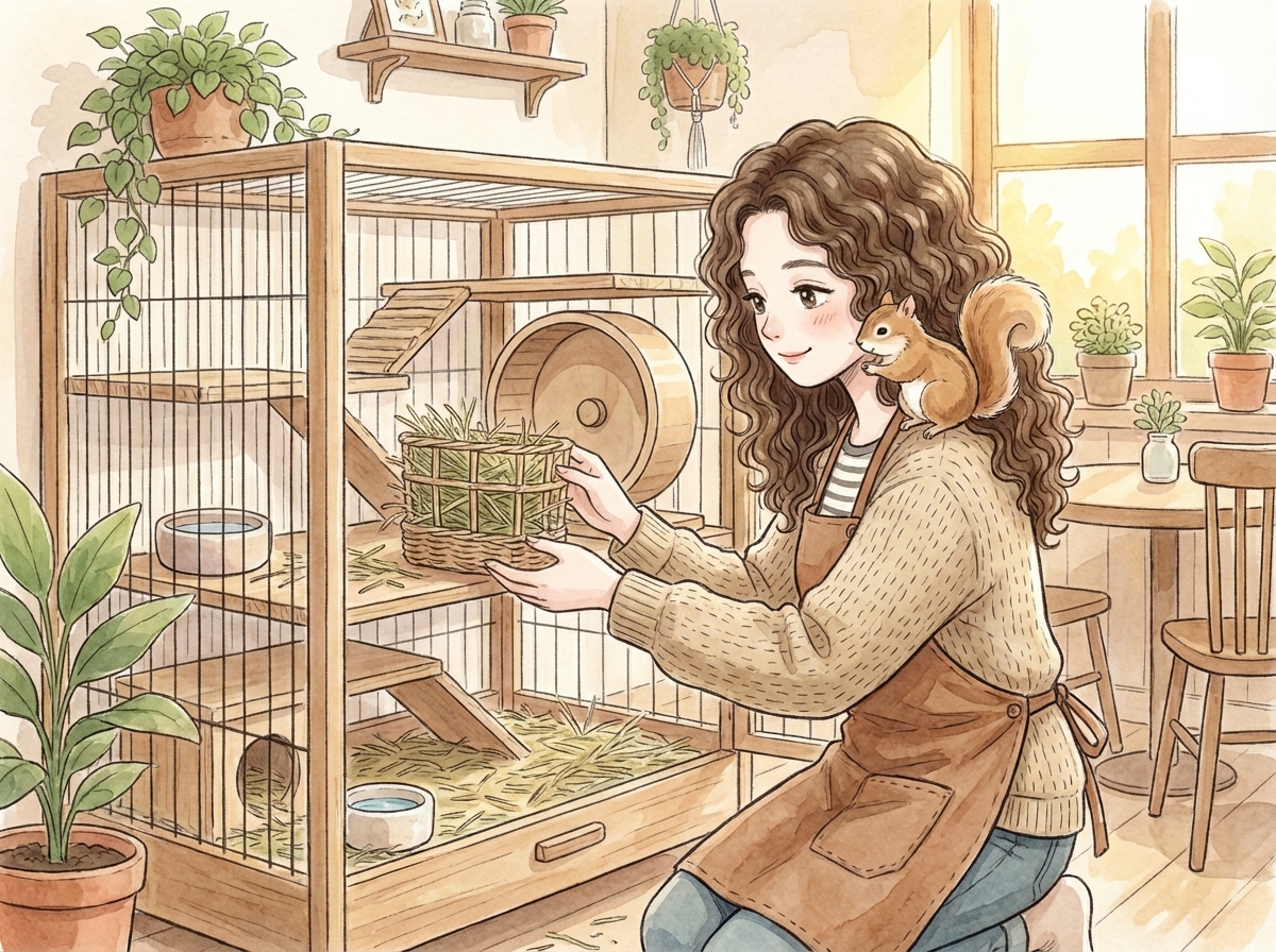 デグーのケージをレイアウトするまりえ店長