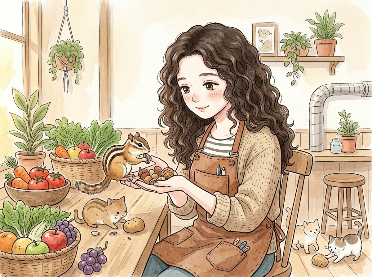 シマリスにおやつをあげるまりえ店長