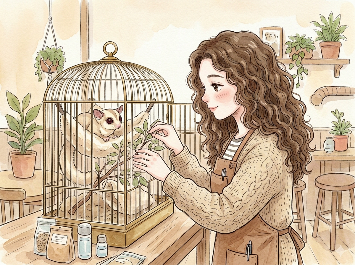 フクロモモンガのケージをレイアウトするまりえ店長