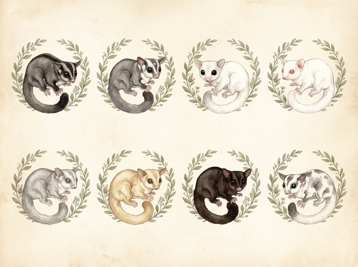 フクロモモンガの8種類のカラーモルフを図鑑風に並べた水彩イラスト