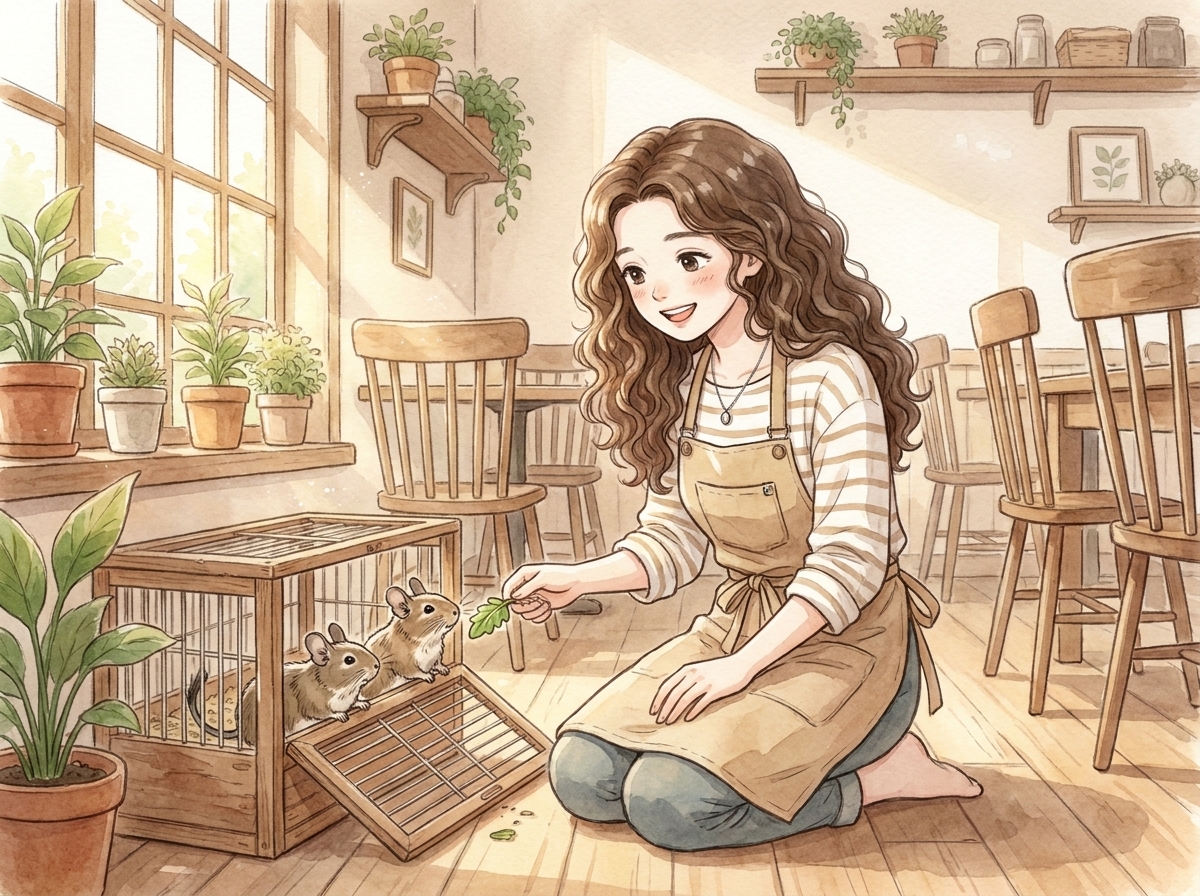 デグーを手のひらに乗せるまりえ店長