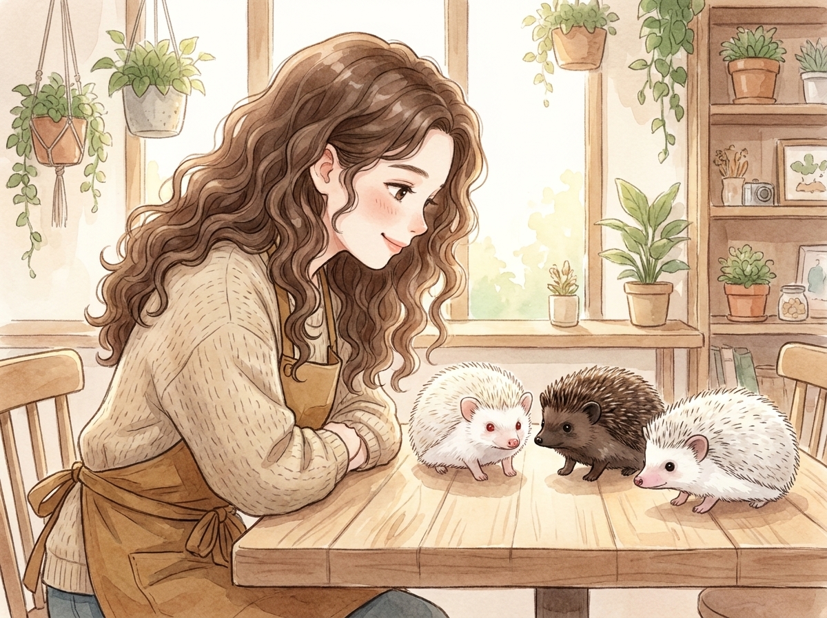 さまざまなカラーのハリネズミとHAGU CAFEマスコット