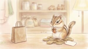 コインの上に座ってどんぐりを持つシマリスの水彩イラスト(値札と紙袋つき)