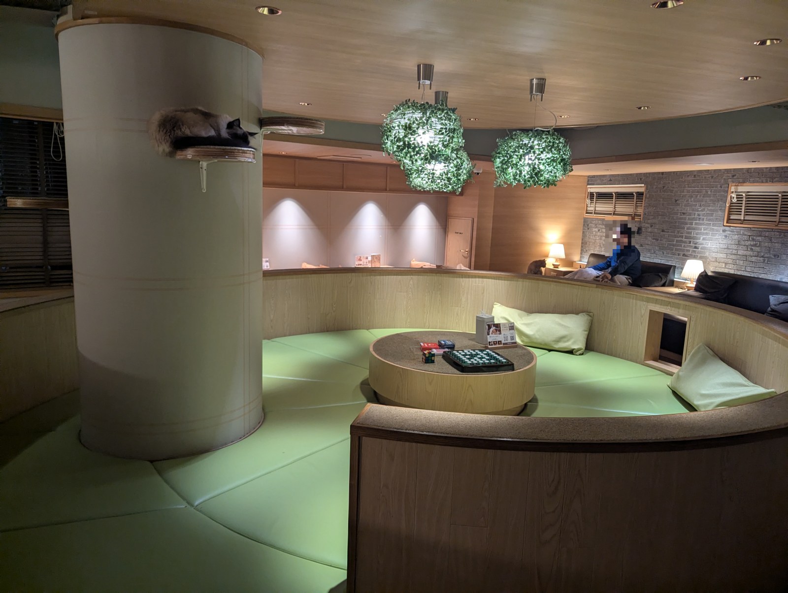 猫カフェモカラウンジ新宿店の広い店内。中央の円柱と緑の球体照明、円形のソファスペースが配置されたラウンジ風の空間