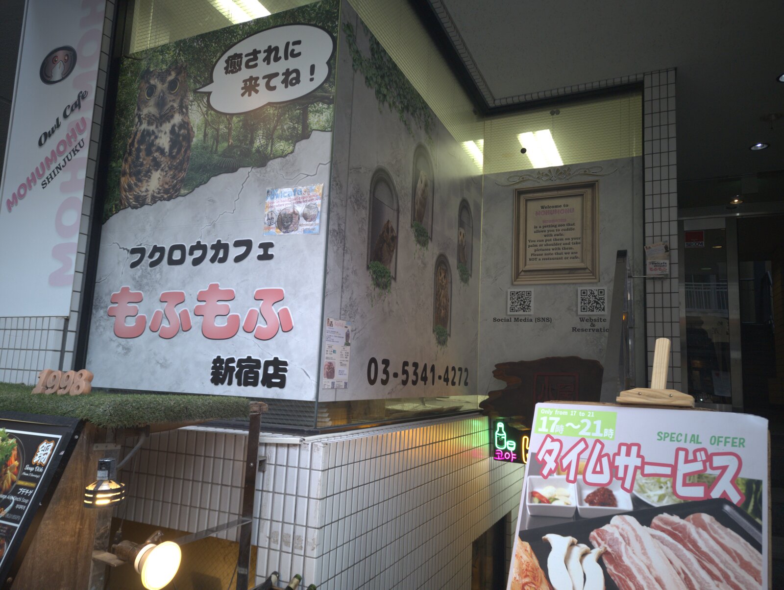 フクロウカフェもふもふ新宿店の店頭看板。「フクロウカフェ もふもふ 新宿店」「癒されに来てね！」の文字と電話番号が書かれている