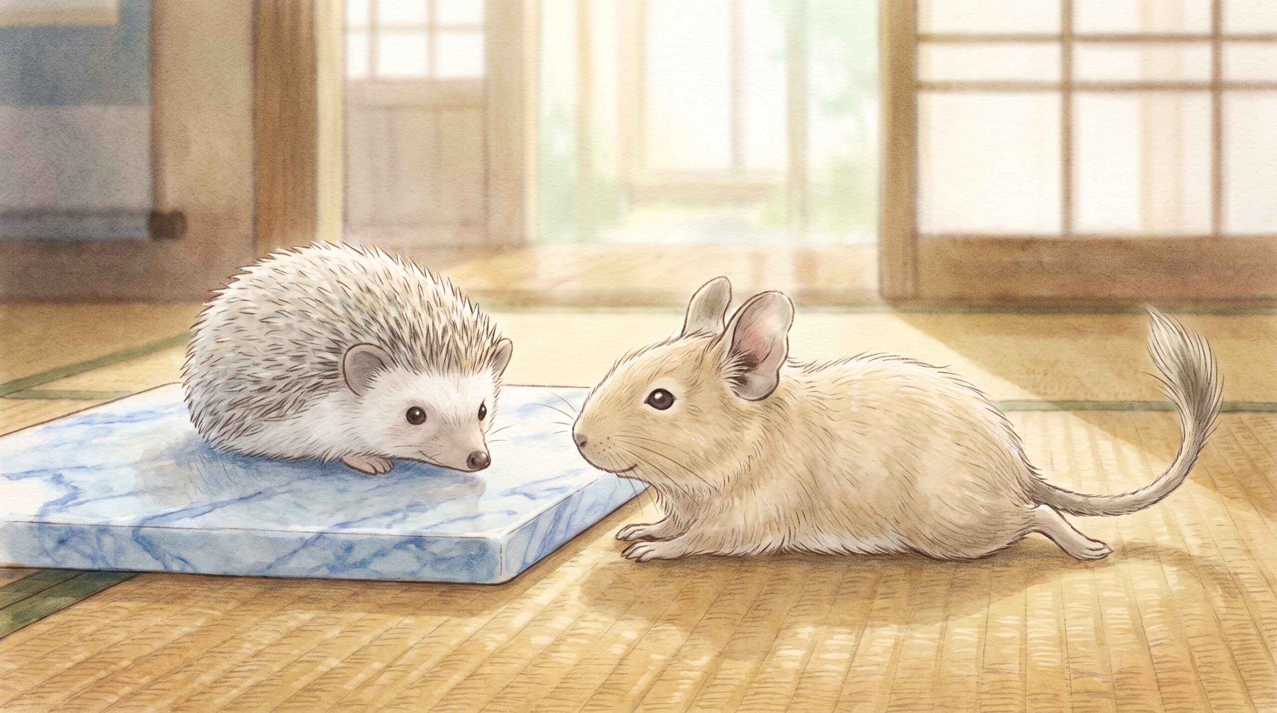 ひんやりプレートの上で涼むハリネズミ・デグー・フクロモモンガのイラスト
